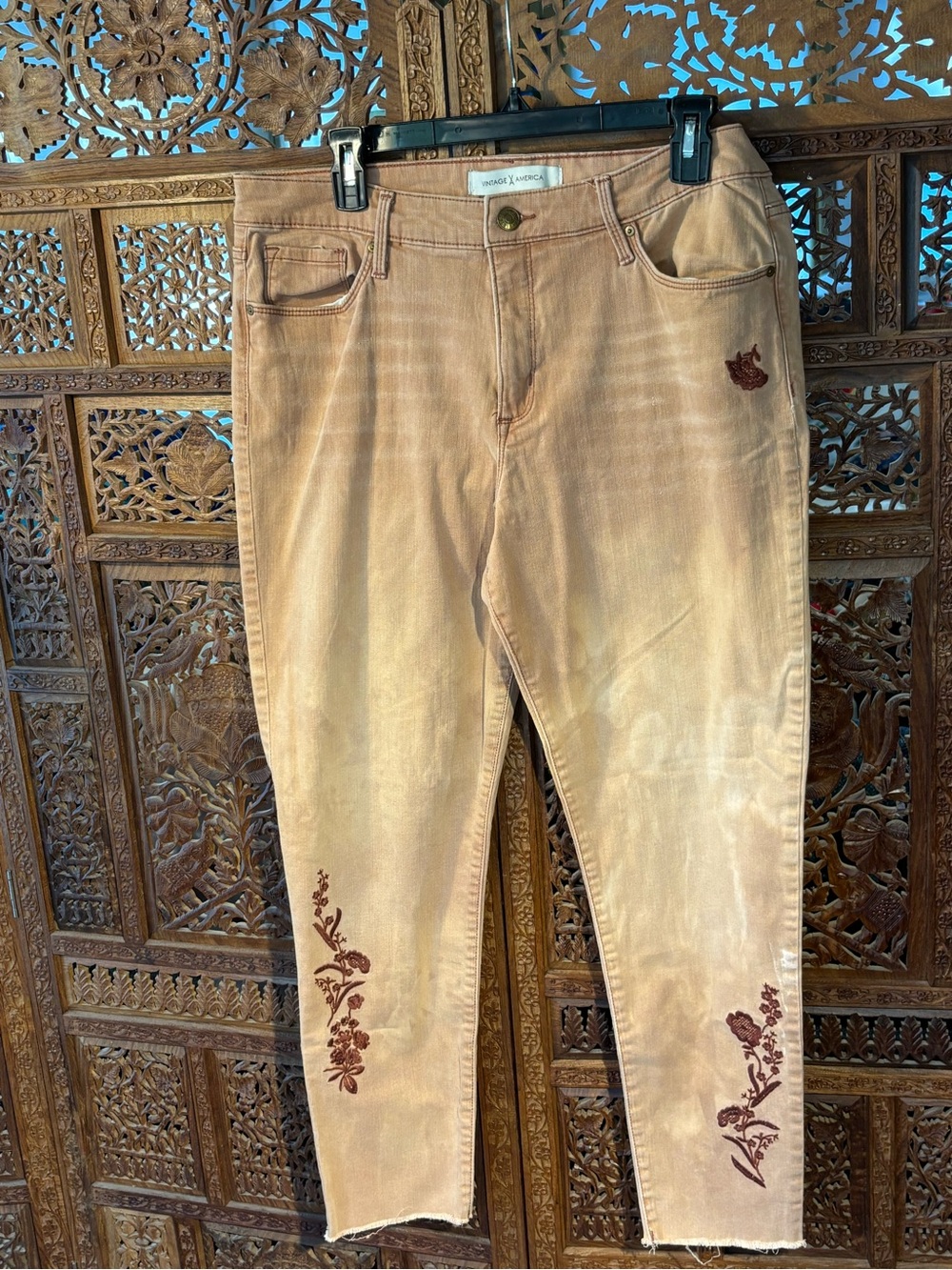 Vintage America Tan Skinny Jeans with Brown Floral Embroidery